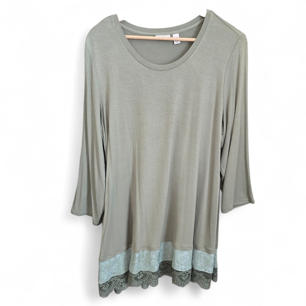 LOGO Lori Goldstein Top Womens XL Green Scoop Neck Tunic Stretch Lace Hem